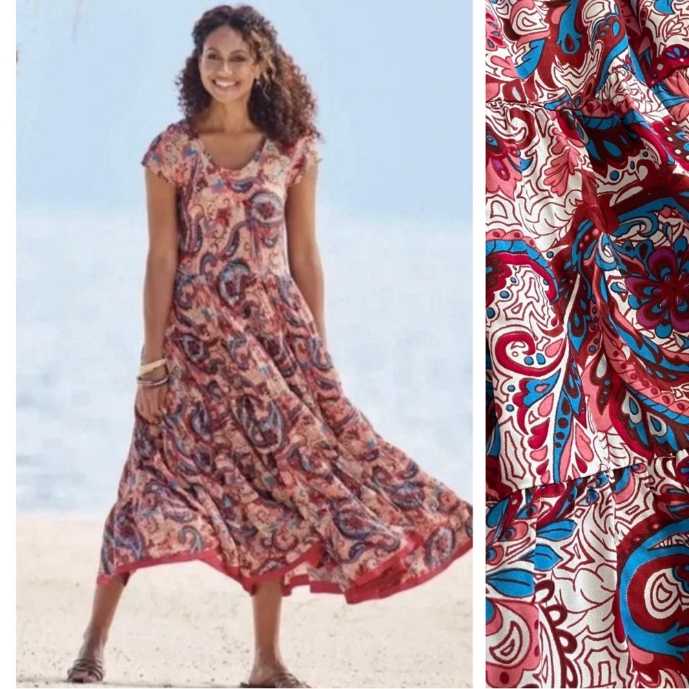Soft Surroundings Red Blue Paisley Tiered Viscose Maxi Dress Small - Picture 2 of 14
